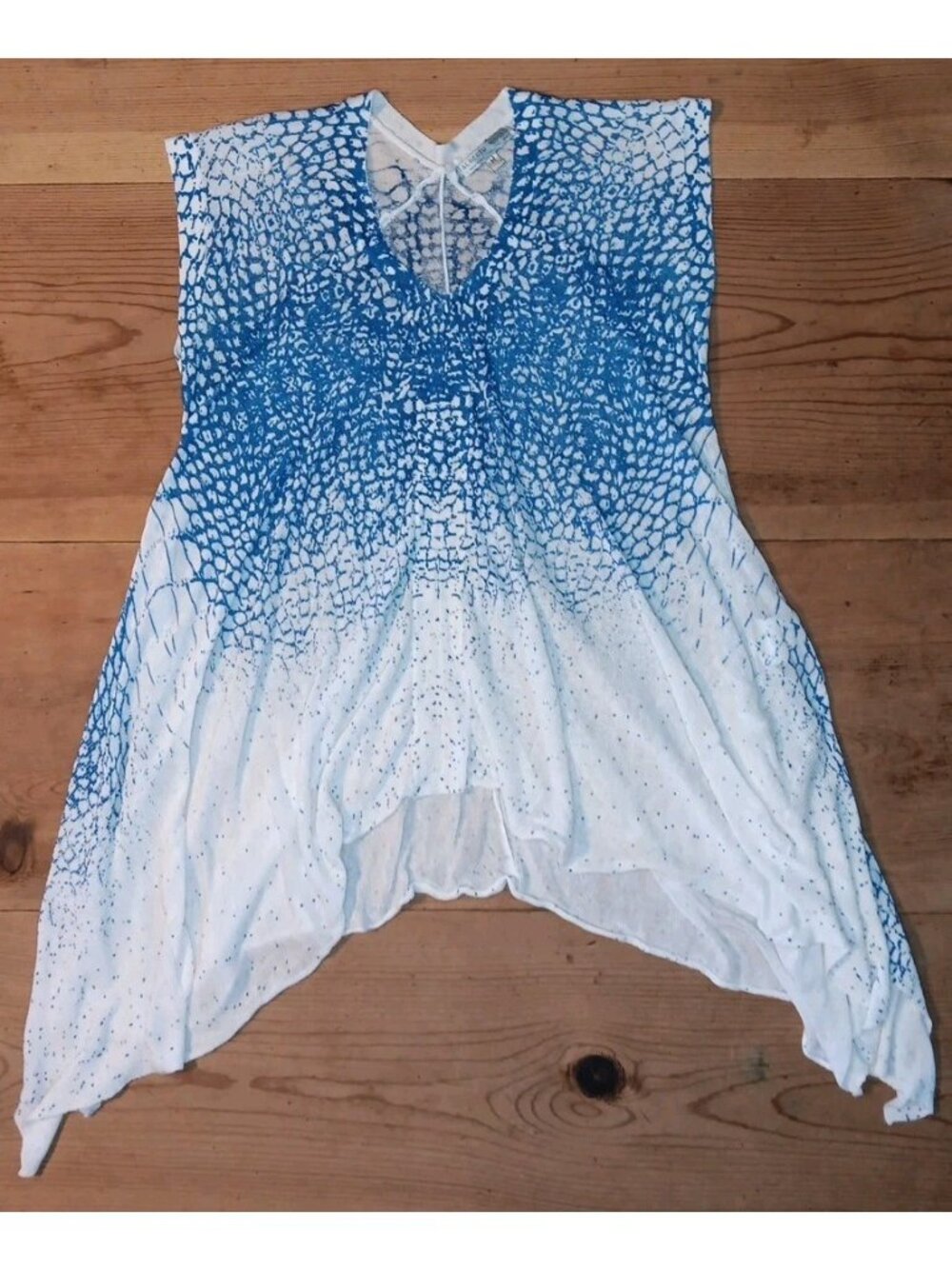 Alberto Makali Womens M Blue V Neck Tunic Top Handky Hem Boho Linen Knit Blend